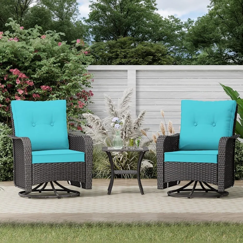 Outdoor Swivel Rocking Chairs Set with Wicker Patio Furniture and Rattan Coffee Table, Including 2 Cushions
