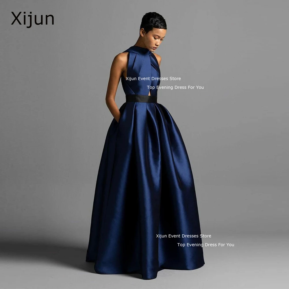 Xijun Navy Blue Long Satin Evening Dresses Sleeveless Simple A-Line Formal Occasion Prom Dresses Floor Length Prom Gowns 2024