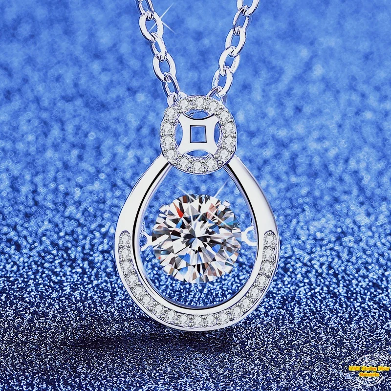 1.0ct Moissanite S925 Silver Necklet Pendant for Women Men Plated Platinum Ancient Coins Beating Heart Charm Necklace Wholesale
