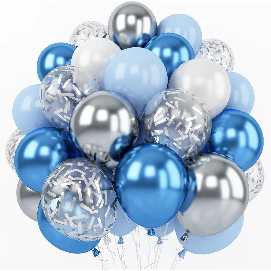 Palloncino metallizzato blu argento 60 pezzi 12 pollici Palloncino bianco blu cromato con palloncini argento Palloncini coriandoli glitterati per ragazzi