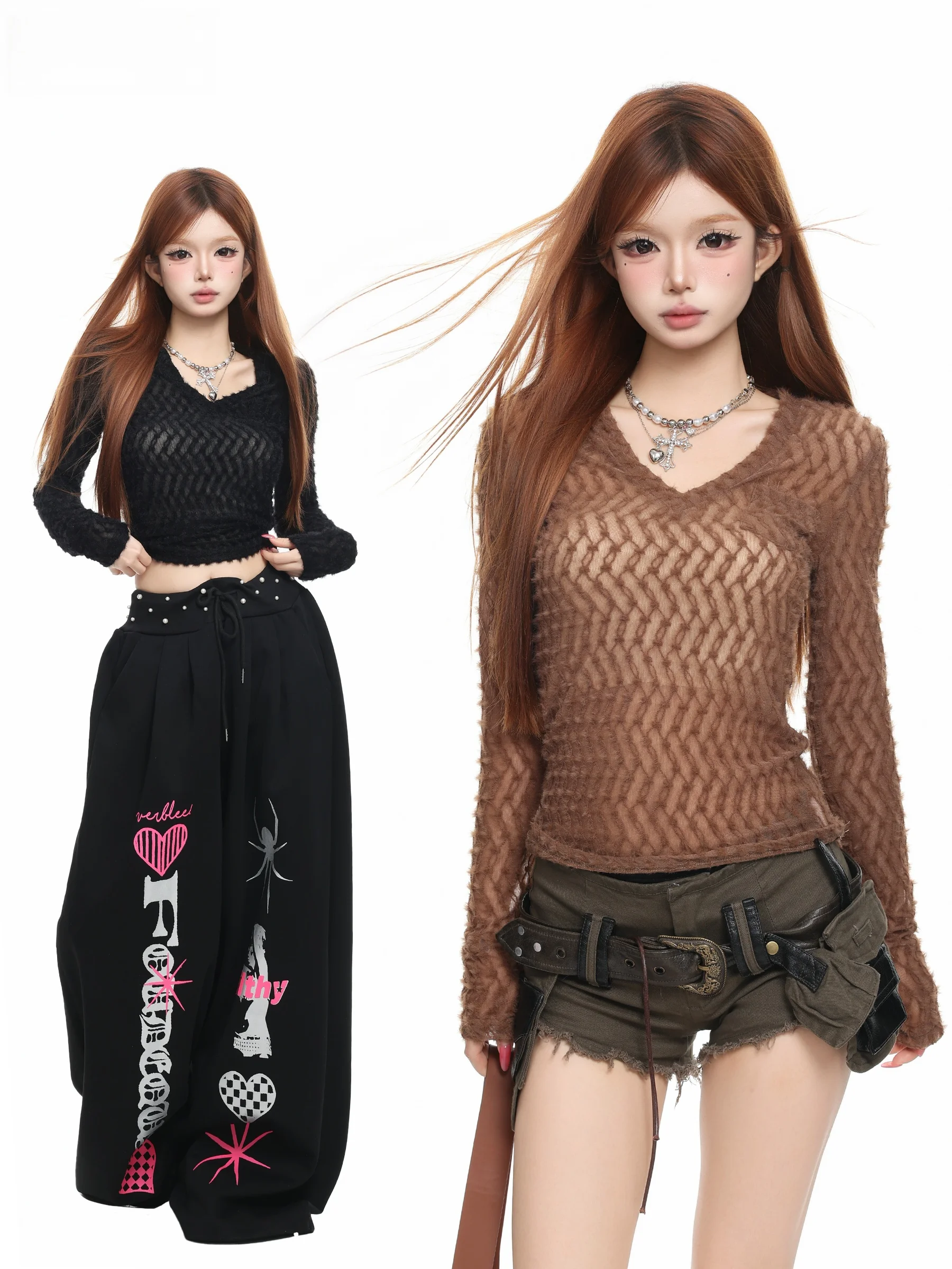 Basterds Spicy Girl Style Long Sleeve Knitted Slim Fit T-Shirt Women's Sexy Hollow out Diamond Pattern Top for Autumn