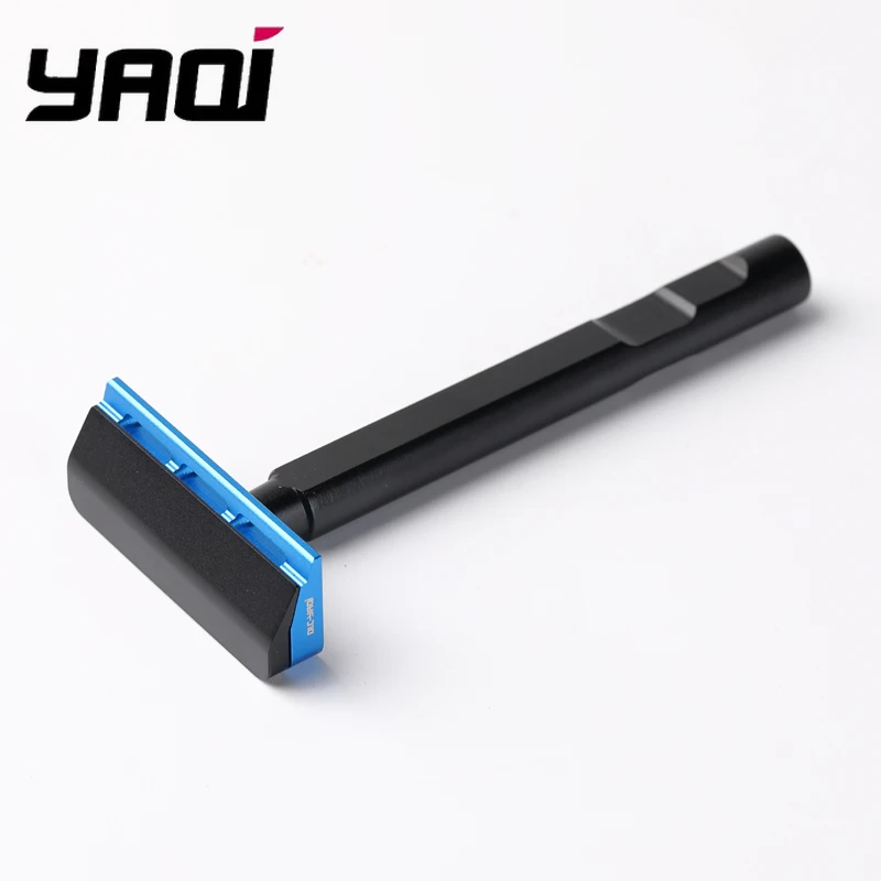 YAQI Safety Razor Double Edge DE Razor Black Blue Anodized Aluminum Non-Slip Handle Modern Wet Shaving for Men