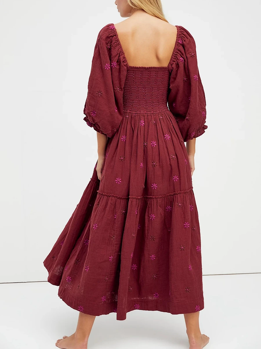 Women Summer Casual Long Dress 3D Embroidered Flowers Square Neck Puff Sleeve Dress Fashion Backless A-line Dress