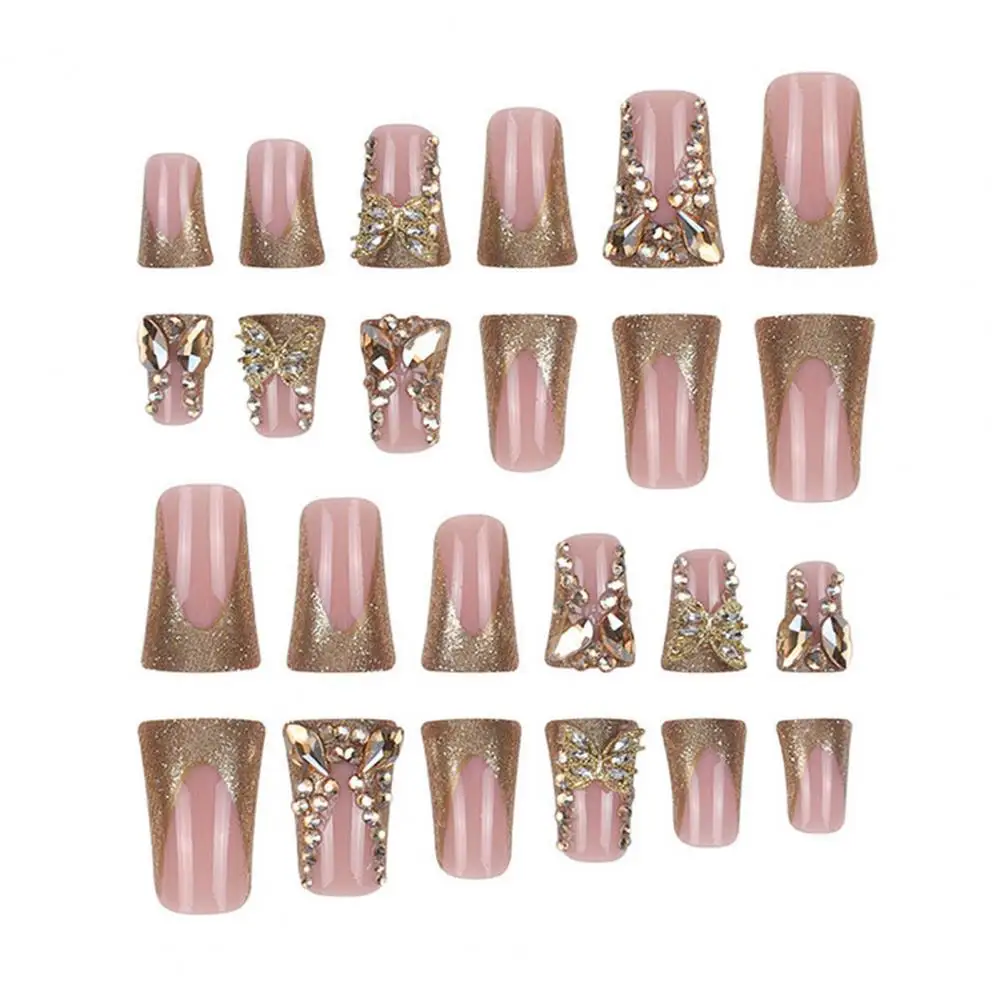 Jelly Glue Adhesive Fake Nails Golden Butterfly Rhinestone Fake Nails Set Long Nail Extensions for Women Full Cover for Home