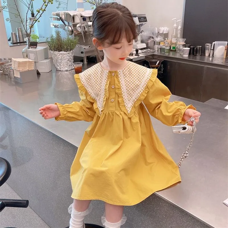 Teenage Girls Dress 2024 Spring New Children\'s Ruffle Doll Neck Princess Dress Girls\' Baby Korean Cotton Long Sleeve Dress