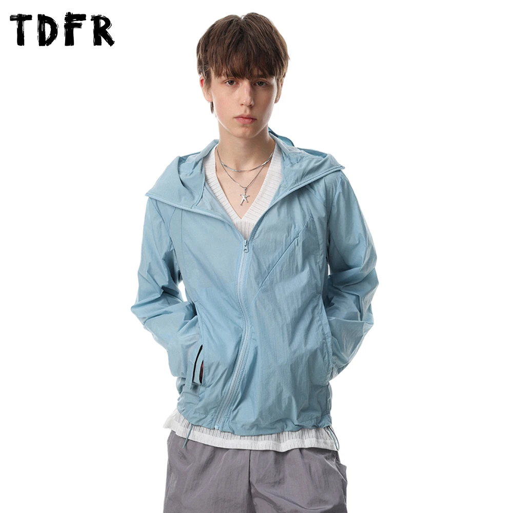 Patchwork Hooded Long Sleeve Jacket Mens Summer Thin Safari Style Loose Drawstring Hem Outerwear Man