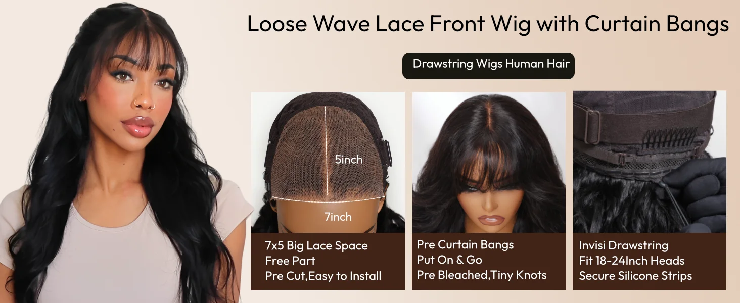 UNice 7x5 & 13x4 Lace Loose Wave Wispy Bangs Wig 100% Human Hair Glueless Wigs S7ebbadc59ae7408a8481008ef43978727