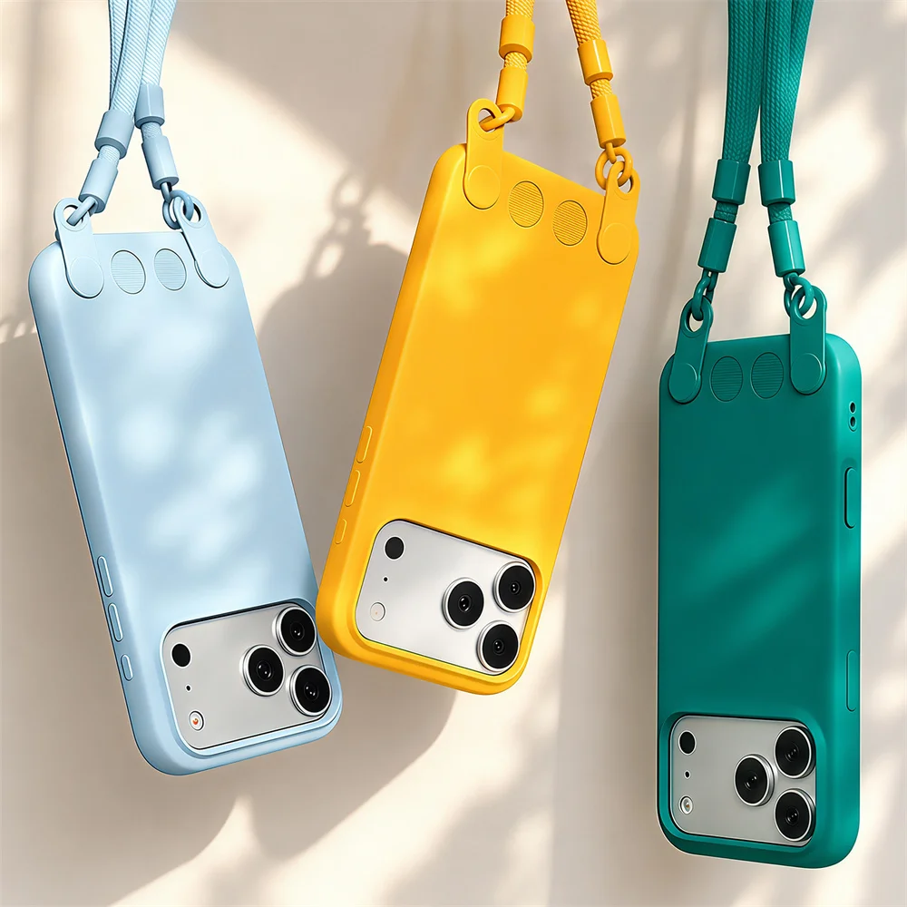

Crossbody Lanyard Matte Liquid Silicone Phone Case For iPhone 17 16 15 14 13 Pro Max Fashion Solid Color Frosted Soft Back Cover