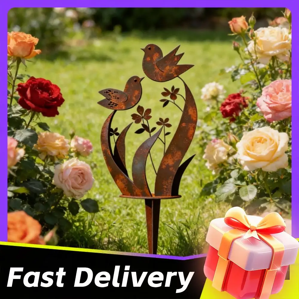 Piquet de jardin en métal avec motif oiseau et floral, ornement de pelouse stable pour jardin, décoration artistique rustique pour jardin