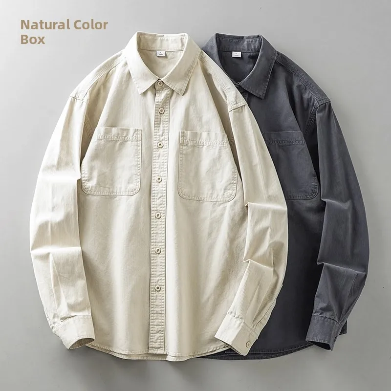 

Heavyweight Pure Cotton Long Sve Men's Casual irt Spring Autumn American Retro Sle Workwear Collared Jaet Coat