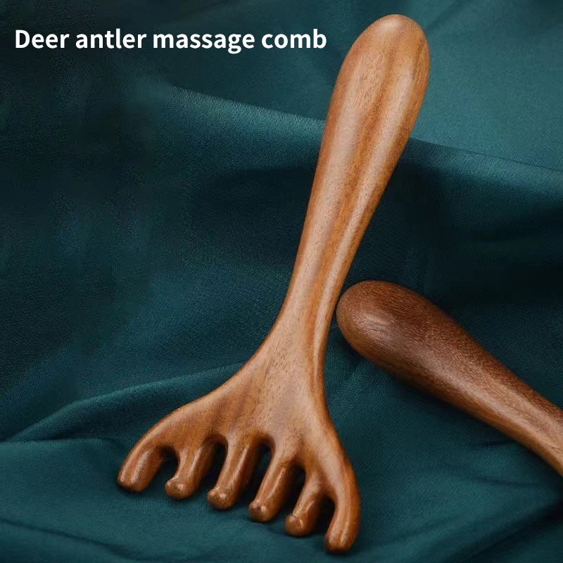 Natural Wooden Wide Tooth Long Handle Comb Meridian Massage Anti-static Head Six Claw Massager Promote Blood Circulation