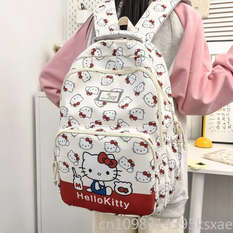  Hello Kitty White Nylon School Backpack Women Girls School Bag with Water Bottle Holder Lightweight Student Book Bag