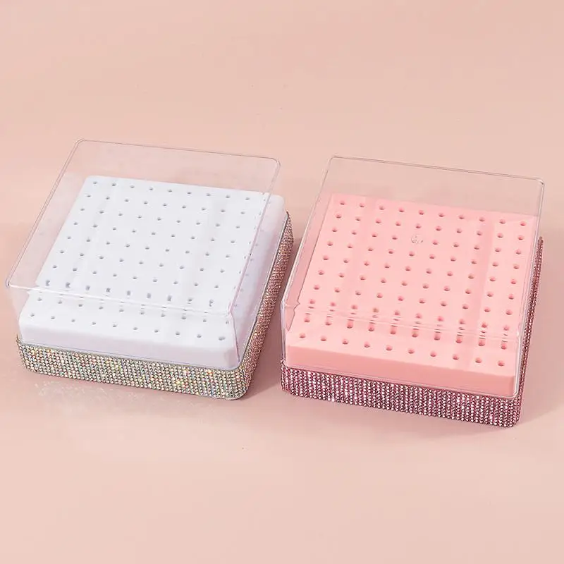 Soporte para brocas de uñas con 100 agujeros, soporte ostentoso con diamantes de imitación, organizador de exhibición, contenedor de almacenamiento a prueba de polvo, caja para salón de uñas