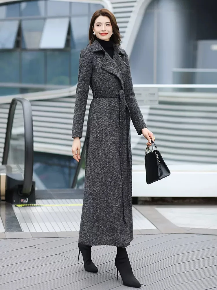 New Women Autumn Winter Elegant Gray Woolen Coat Fashion Casual Turn-down Collar Double Breasted Slim Wool Blended Overcoat