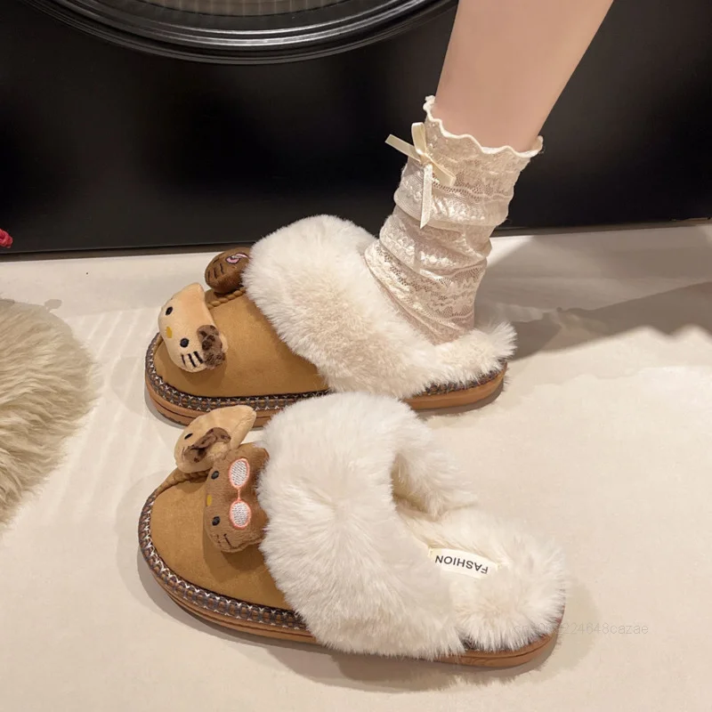 Cute Cartoon Hello Kitty Cotton Slippers Women's New Comfortable Non Slip Warm Plush Slippers Korean Version Fashion Home Shoes