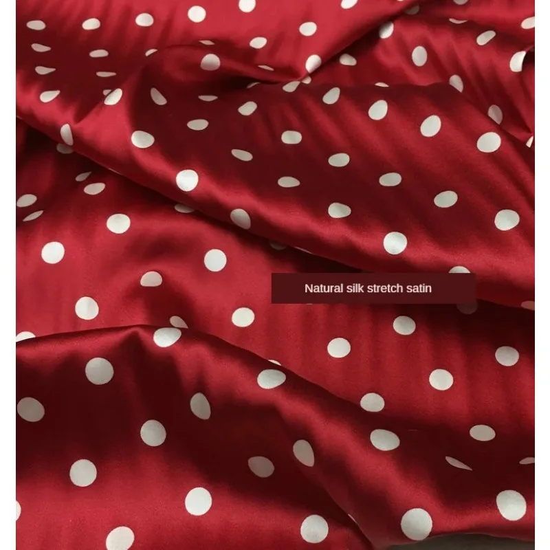 Heavy Silk Fabric New Summer 19mm Red Bottom White Dot Print Stretch Silkworm Silk Satin Dress Fabric