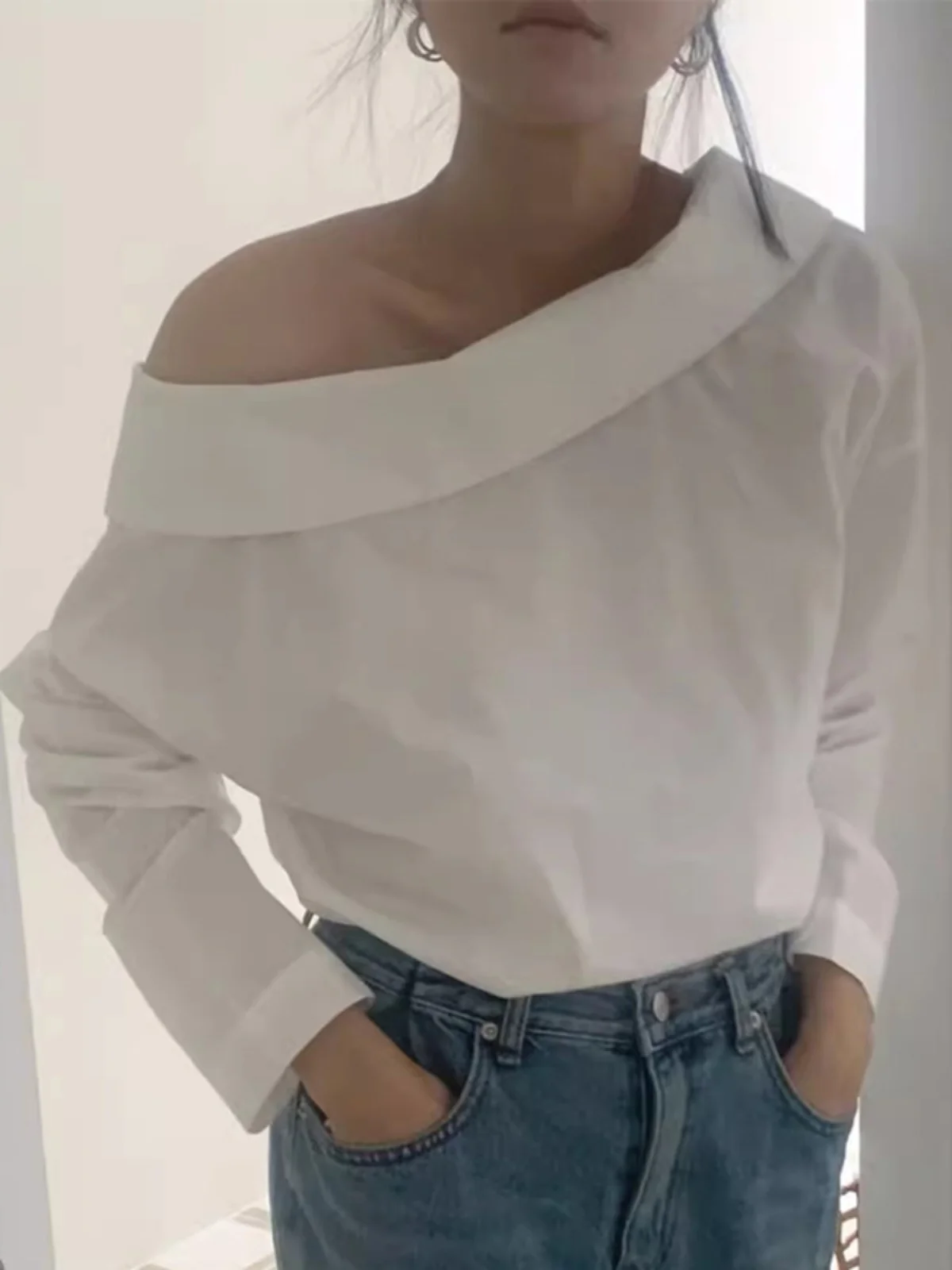 Csa de manga larga con un solo hombro para mujer, nuevo diseño e de doble cara, hoada, estilo coreano, Color puro...