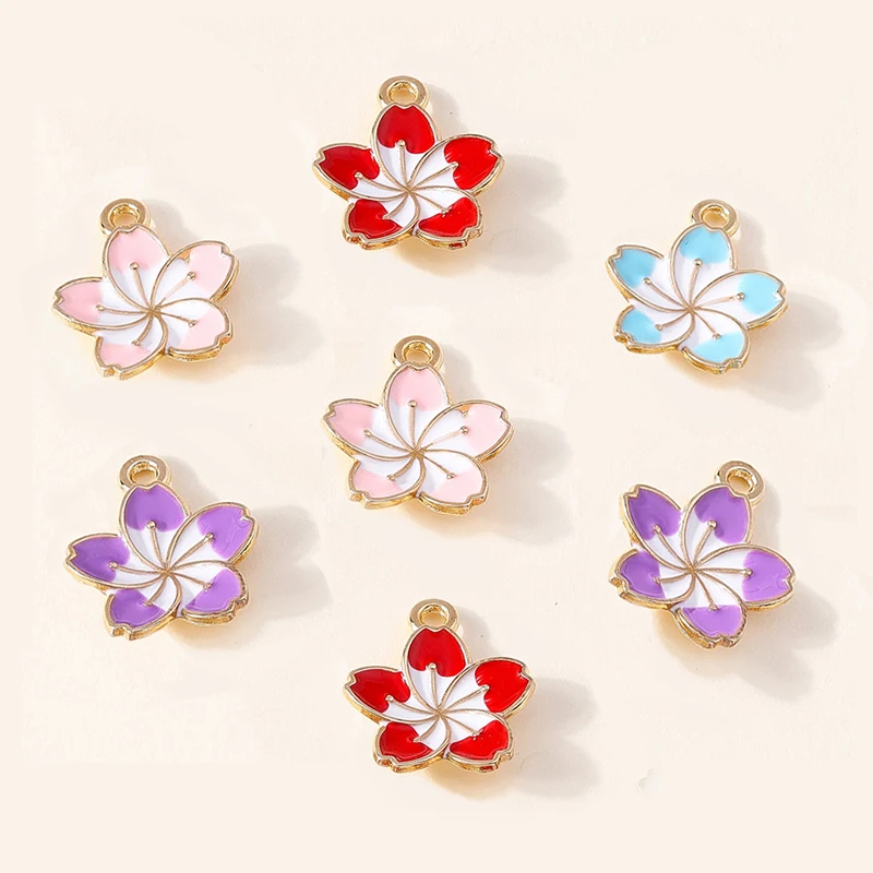 10 Stück 13 x 16 mm modische Emaille-Sakura-Blumen-Charms-Anhänger für Schmuckherstellung, Halsketten, Ohrringe, Armbänder, Bastelbedarf