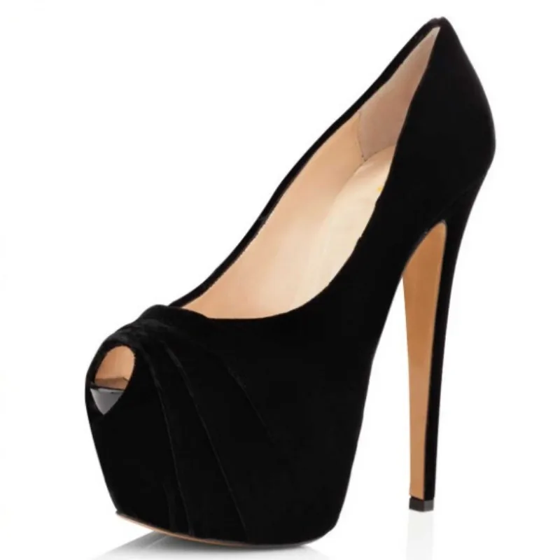 

SHOFOO Сексуальные женские туфли на высоком каблуке. Черные замшевые туфли с открытым носком. Высота каблука около 15 см. Морщинистая обувь. Показ мод, обувь для ночного клуба.