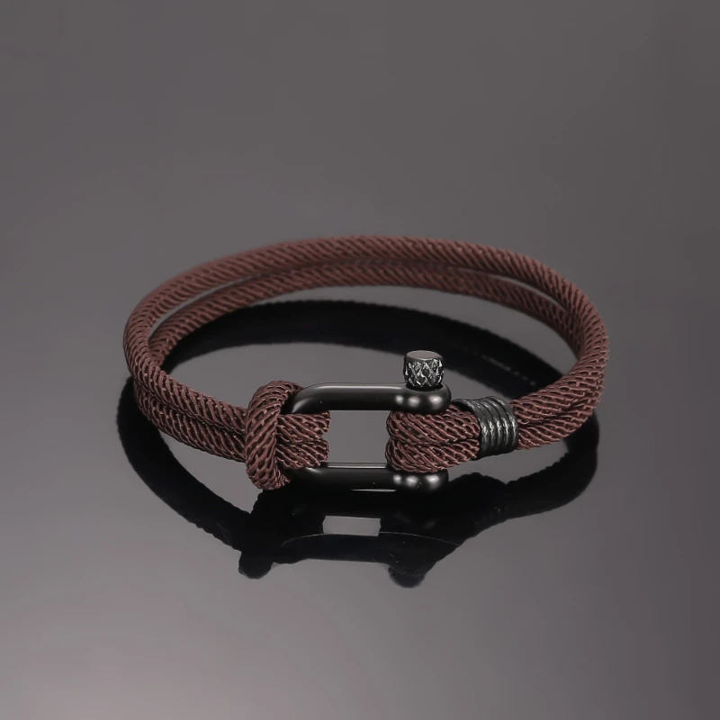 Stainless Steel Braided Rope Bracelet Black Shackle Clasp Knot Nautical Survival Wristband Men Casual Handmade Jewelry Gift