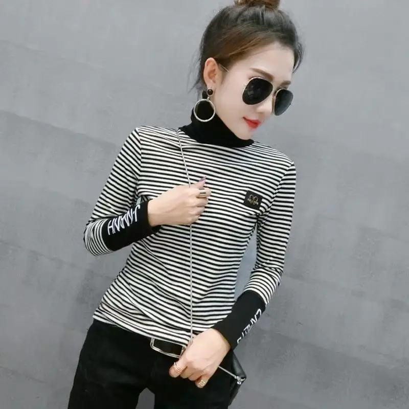 Tees Turtleneck Female Tops Striped Tshirts Warm Women's T Shirts Funny Clothes Tall One Piece 2024 Simple Cheap Stylish 2000s O