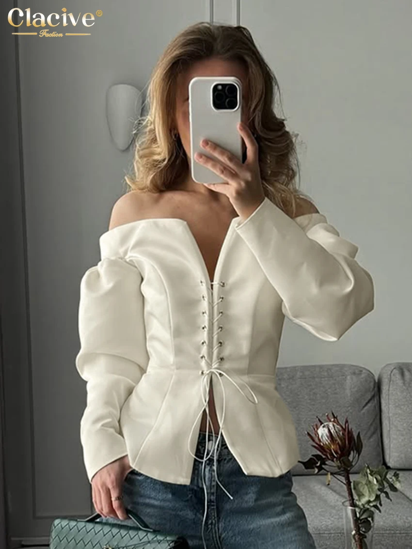 Clacive-Camiseta Sexy ajustada color Beige para mujer, camisa de manga larga con cuello oblicuo a la moda, Top clásico elegante con cordones, ropa femenina 2025