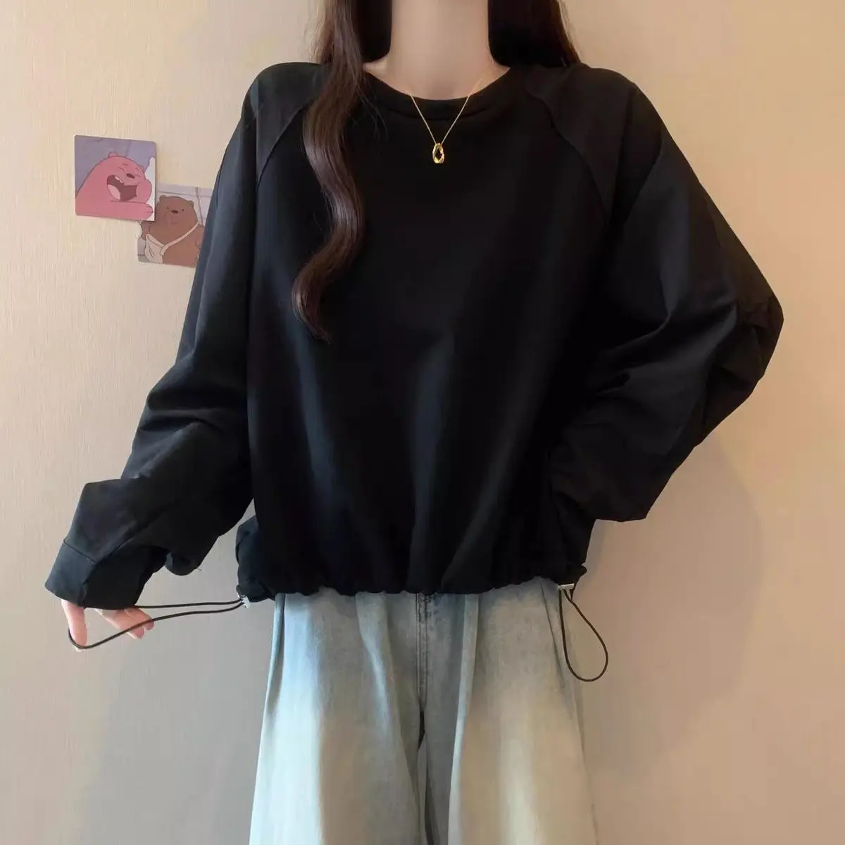 Women Crew Neck Drawstring Long Sleeve Sweatshirt Irregular Hem Fall Top Aesthetic Casual Loose
