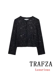 TRAFZA Vintage Casual Chic Women Blazer Sequined O-Neck Long Sleeve Blazer New Fashion 2024 Autumn Winter Office Lady Blazers