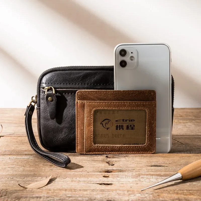 Vintage Men's Top Layer Leather Long Wallet Handmade Genuine Leather Black Clutch Bag Multifunctional Zipper Money Clasp Purse