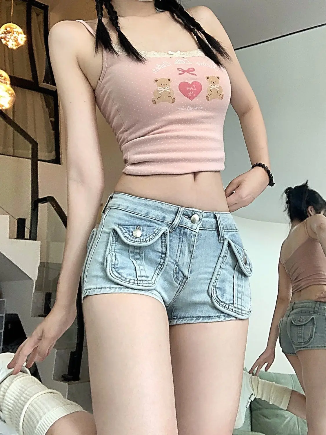 Double Pocket Low Waist Denim Super Shorts Women's Y2k Shorts Retro Slim Hip Jeans Hot Pants
