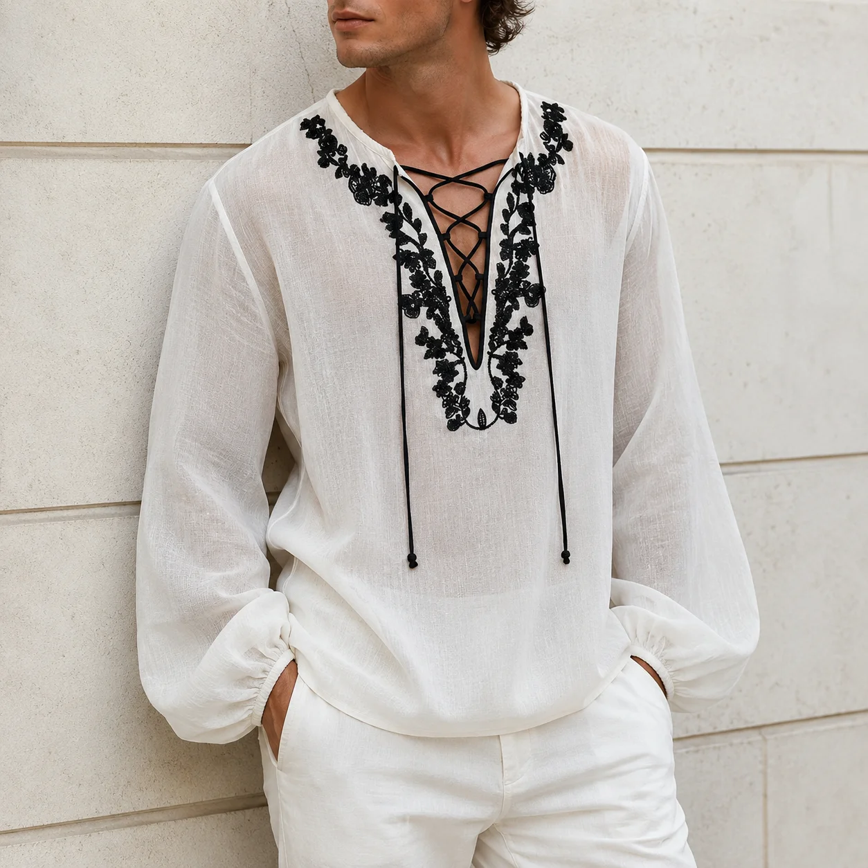 INCERUN Herrenhemd mit Blumenstickerei, V-Ausschnitt, Langarm, Schnürung, Herrenkleidung, Streetwear, locker geschnittene Vintage-Freizeitoberteile für Männer, Camisa