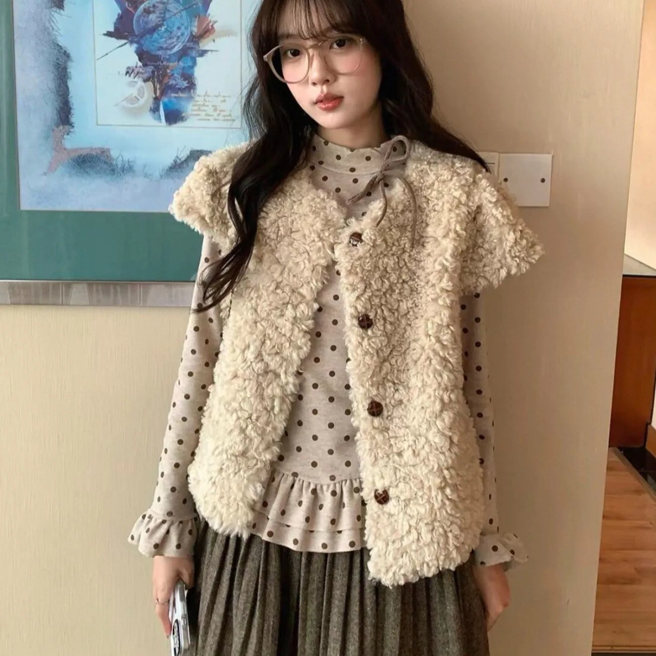 Korean Sweet Short Lamb Fur Vest Cardigan Outerwear Girl's Polka Dot Two-Piece Set Casual Style Geometric Pattern Long Sleeve