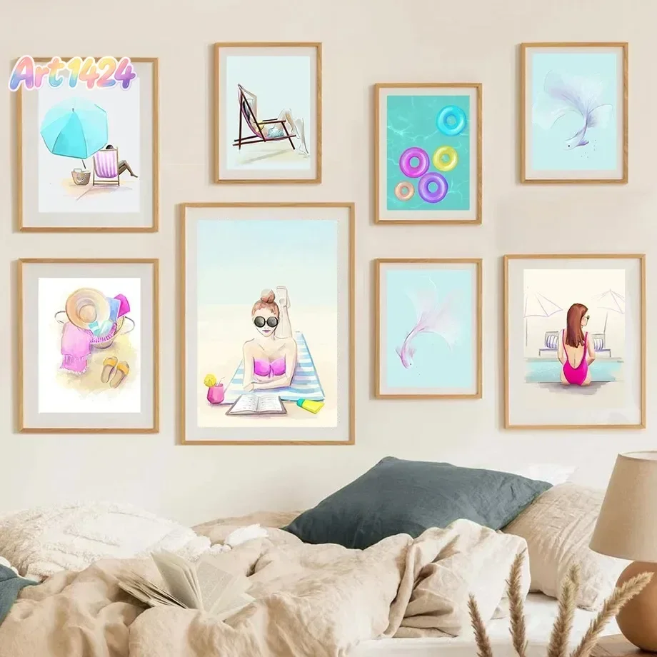 Vacances à la plage, bain de soleil, profitez d'une vacance, natation, poissons élégants, art mural sur toile, affiche nordique, décoration de chambre