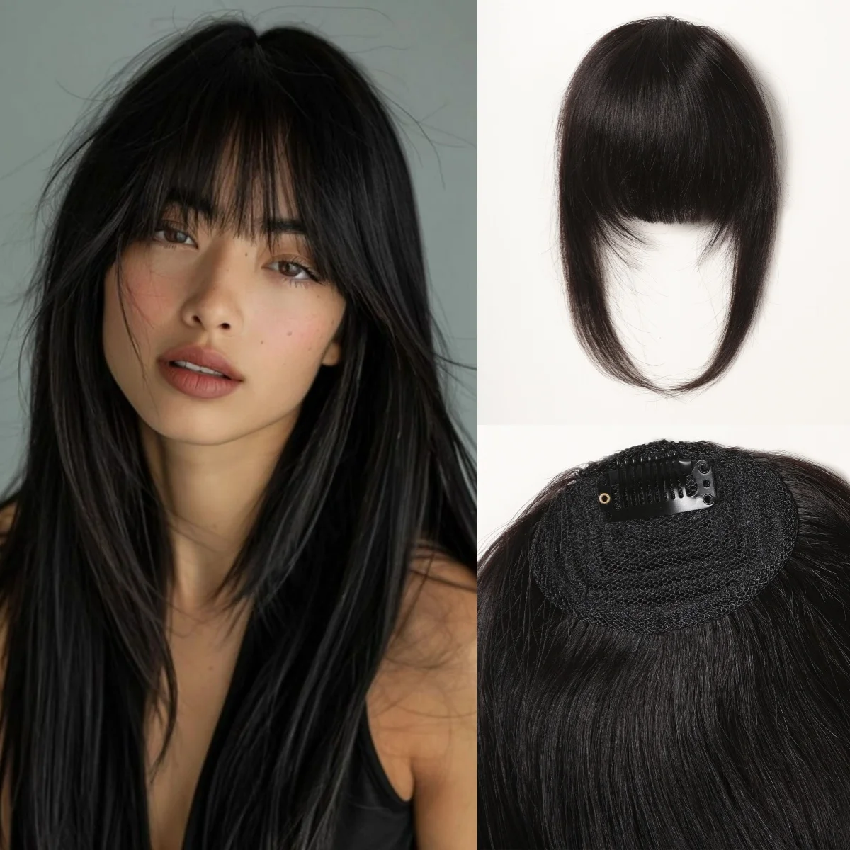 100% Remy Human Hair Fringe Bangs Clips in Natural Black Human Hair 3D Bangs Hairpieces for Women with Thinning Hair Daily Party