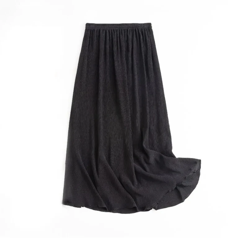 2025年レディースファッション衣料 多用途 28MM 100%天然桑絹樹皮クレープ Aライン ブラック 大きめスイング カジュアルスカート