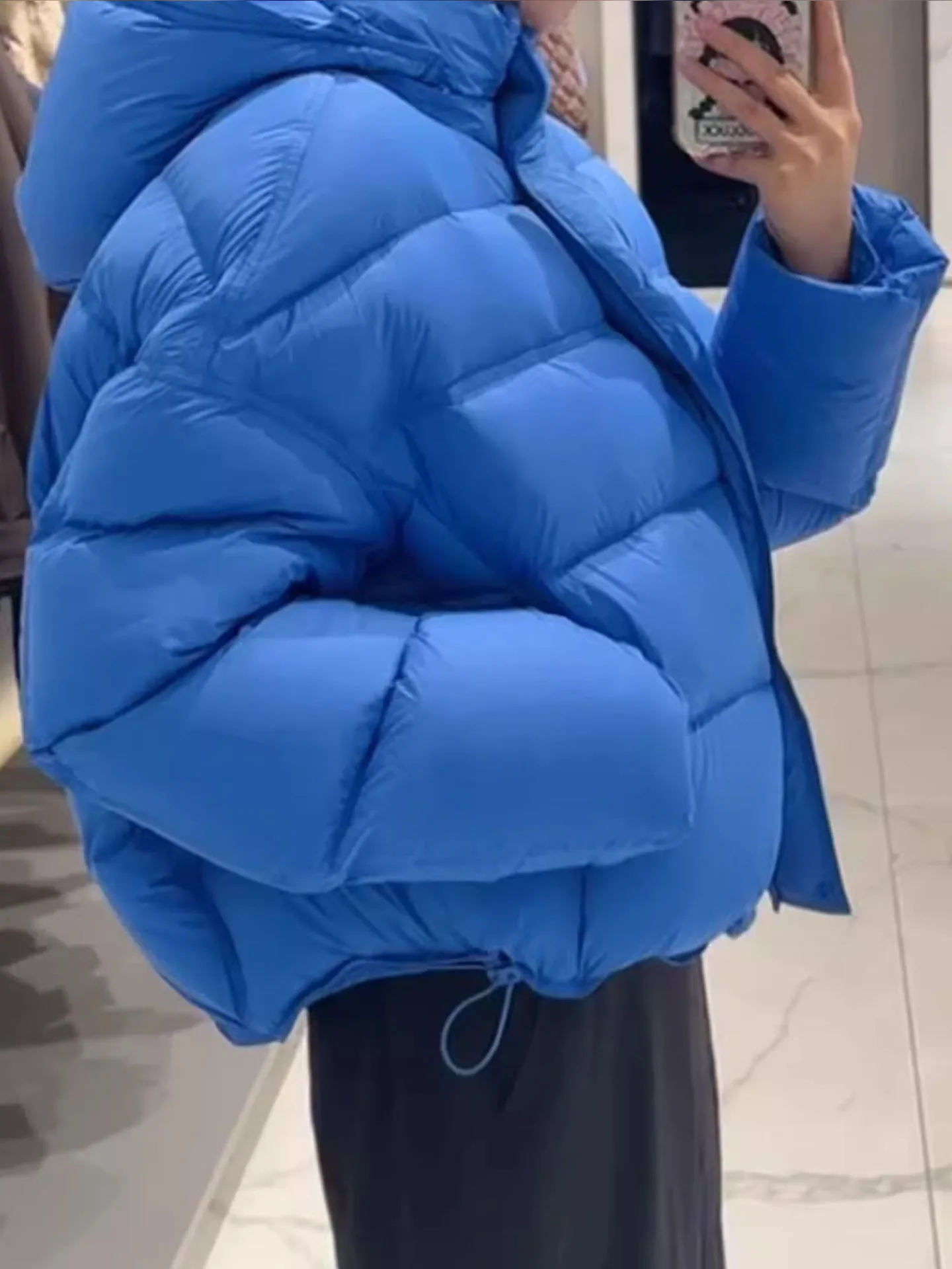 Blue ort Padded Hooded Women's Jaet Winter Warm Thiened Bread Sle Coat Du down Filling High Waist Long Sve Zipper