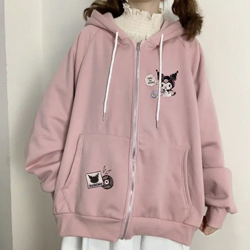 Japanese Sanrio Cinnamoroll Long Sleeve Zip Up Hoodie Sweatshirt Kuromi Women Spring Autumn Loose Vintage Sweet Cool Cardigan