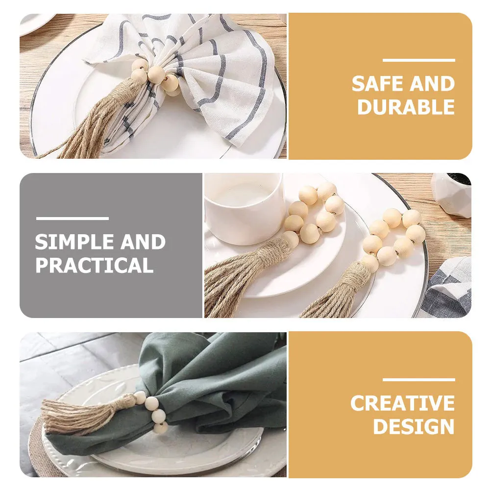 

12Pcs Beads Napkin Rings Wooden Napkin Holders Rustic Style for Wedding Birthday Party Dining Table Decor Serviette Ring