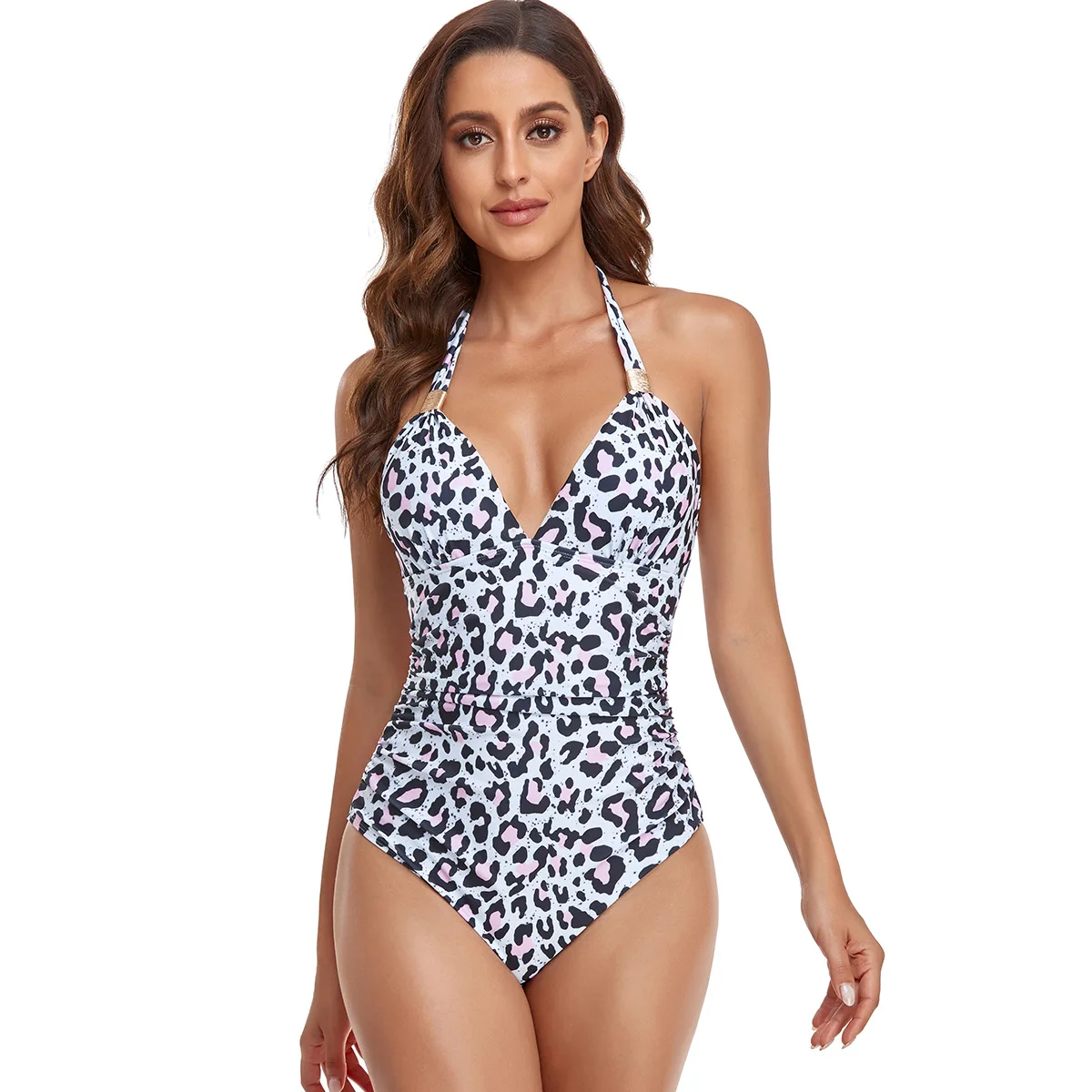 2026 Women Halter One‑Piece Swimsuit V‑Neck Ruched Tummy Control Solid Color & Floral Print Monokini Beach Bathing Suit Swimwear