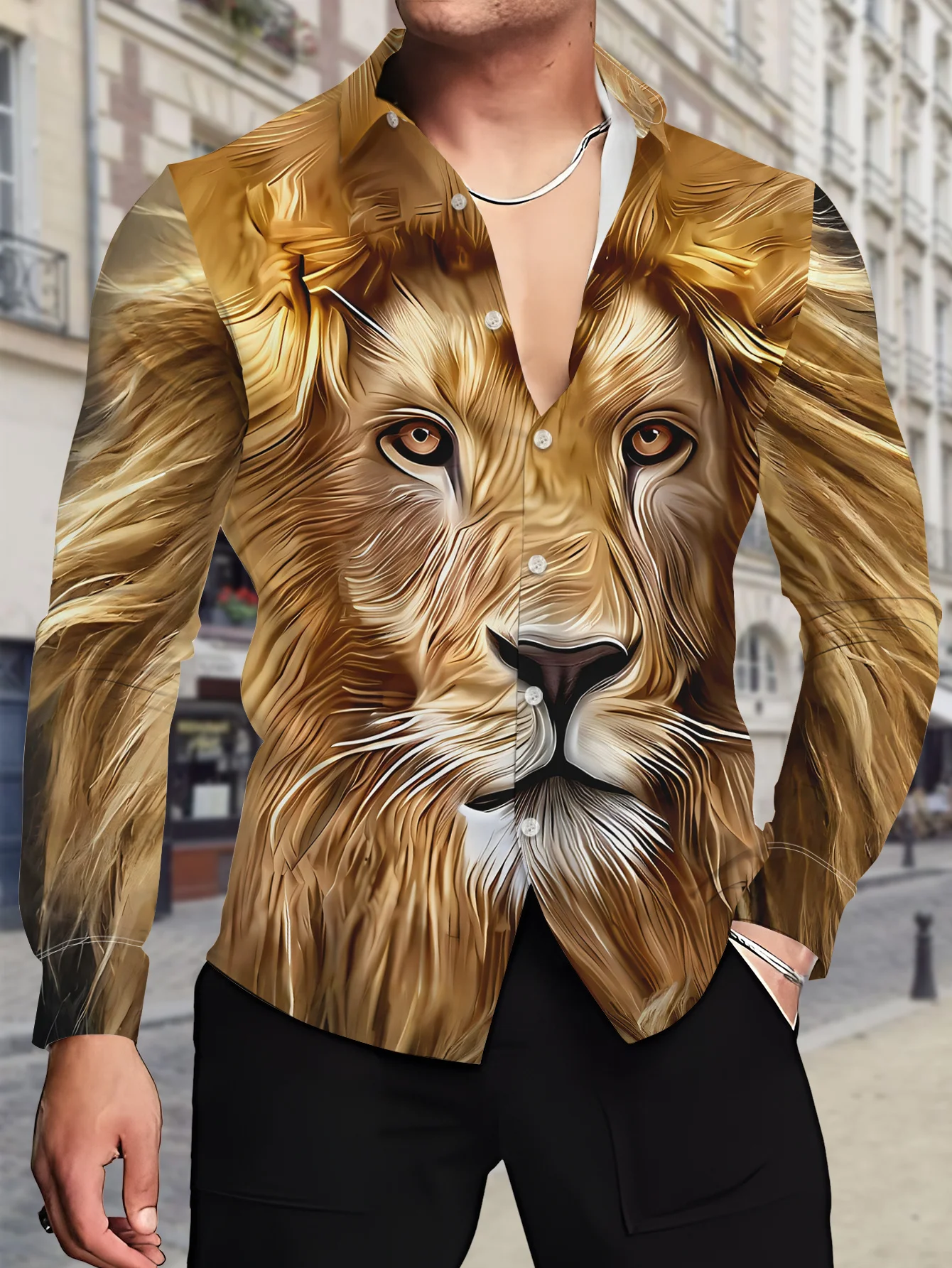 Men Long Sleeve Button Down Shirt 3D Realistic Golden Lion Face Animal Print Polyester Lapel Collar Street Party