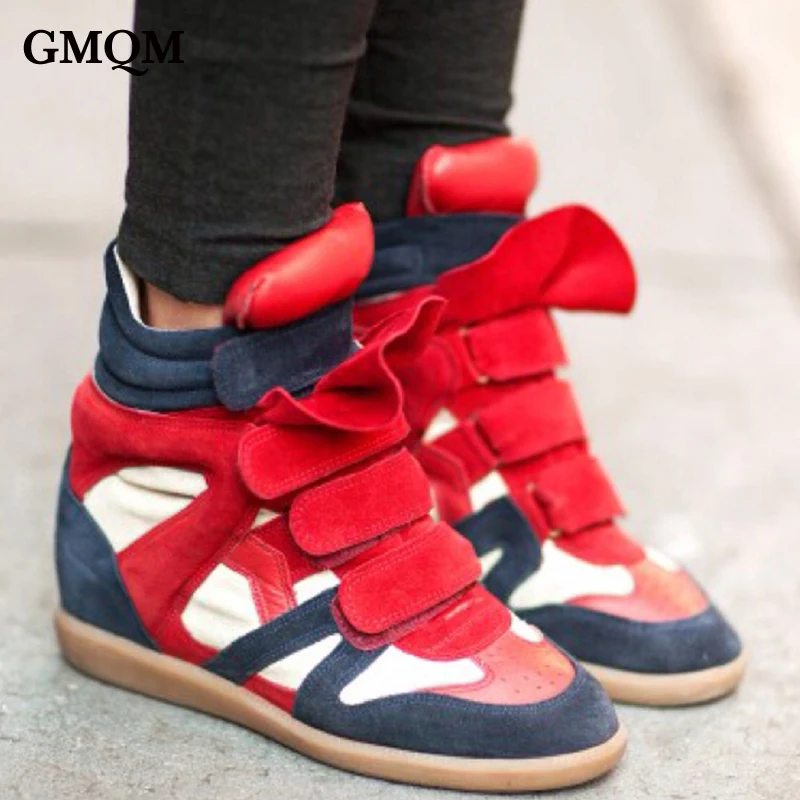 GMQM-Botines de tacón alto para mujer, zapatillas de punta redonda, zapatos de cuña plana, zapatos casuales de caña alta, zapatos deportivos negros, 2024