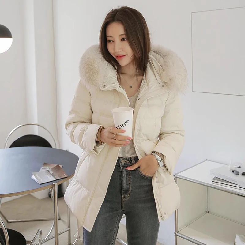 Hooded Detachable Fur Collar Abrigos Invierno Lace Up Tunic 2024 Woman Outerwears Long Sleeve Parkas Korean Style Jacket Coats