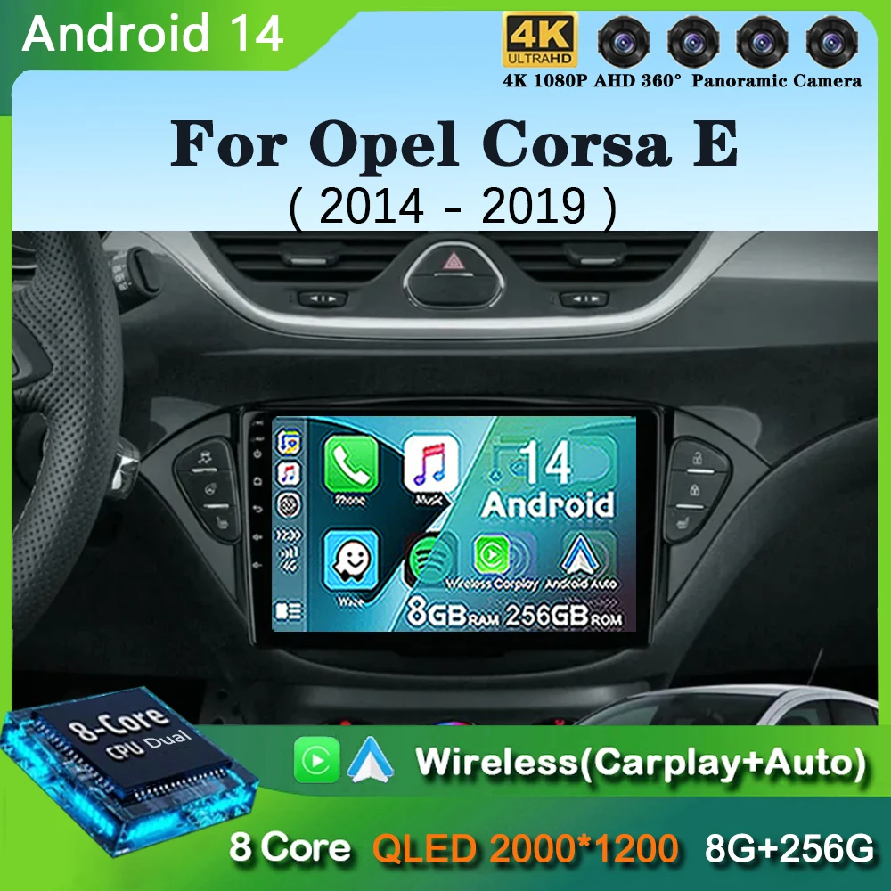 

Автомагнитола Carplay, 2 Din, Android 14, аудио, мультимедиа для Opel Corsa E 2014, 2015-2019, GPS-навигация, автомобильный стерео монитор BT, Wi-Fi