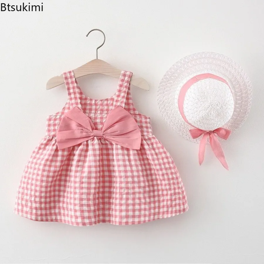 Baby Girl Plaid Cotton Dress Sweet Bow Summer Birthday Party Dress Pre-school Clothing 0-3 Years Old Children's Clothing Set+hat
