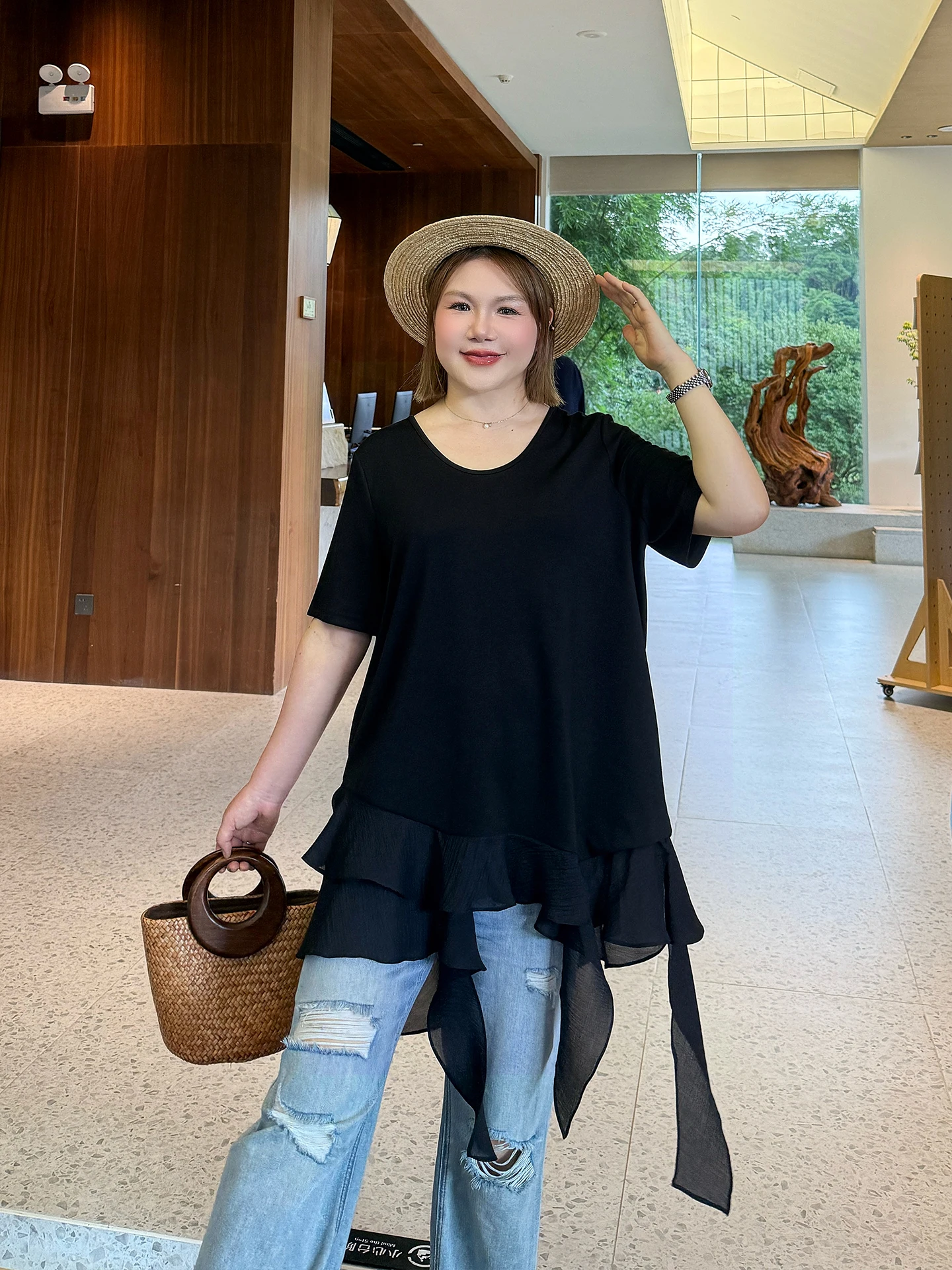

Large Size Women's Loose Fit Cool Feeling Air Layer T-Shirt Korean Style Commute Wind Summer New Arrival Casual Long Sleeve