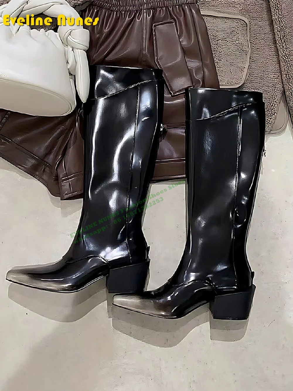 Gradient Chunky Heels Punk Knight Boots Pointed Toe Back Zip Patchwork Street Style Retro Knee High Boots 2024 New Style Winter