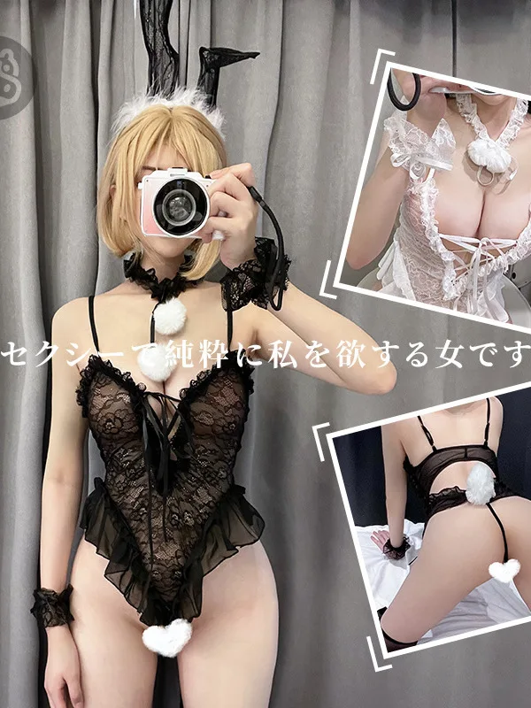 Pakaian dalam kelinci lucu seksi selangkangan terbuka pinggul terbuka bodysuit wanita pesona dewasa elegan romantis renda lembut kelinci bodysuit perempuan 0W8G