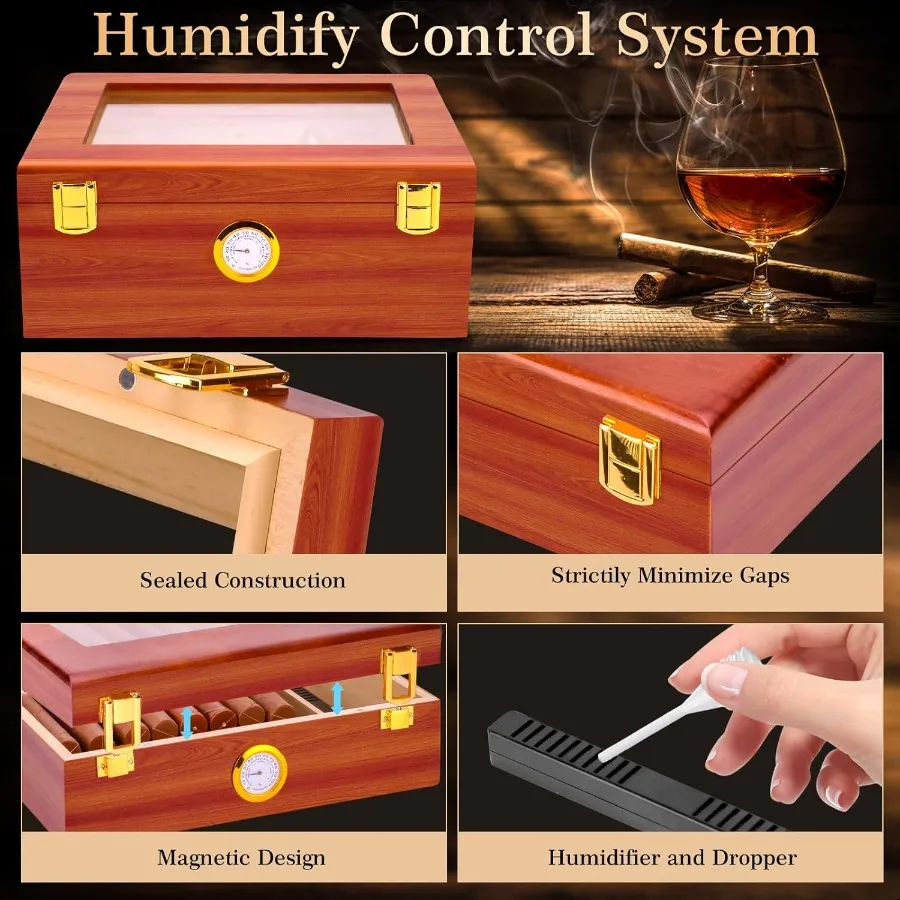 Umidificatore per sigari da tavolo Scatola per sigari con piano in vetro con igrometro Umidificatore e divisore Umidificatore per cedro spagnolo Scatola per sigari in legno