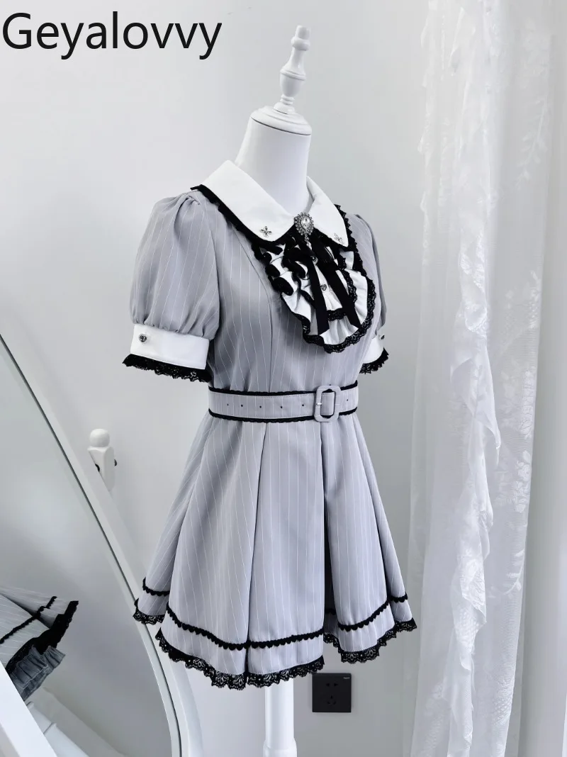 Herbst Neue Süße Mädchen Hohe Taille Vielseitiges Kleid Kurzarm Puppe Kragen Gestreiften Kleider und Basis Shorts Zwei-stück set