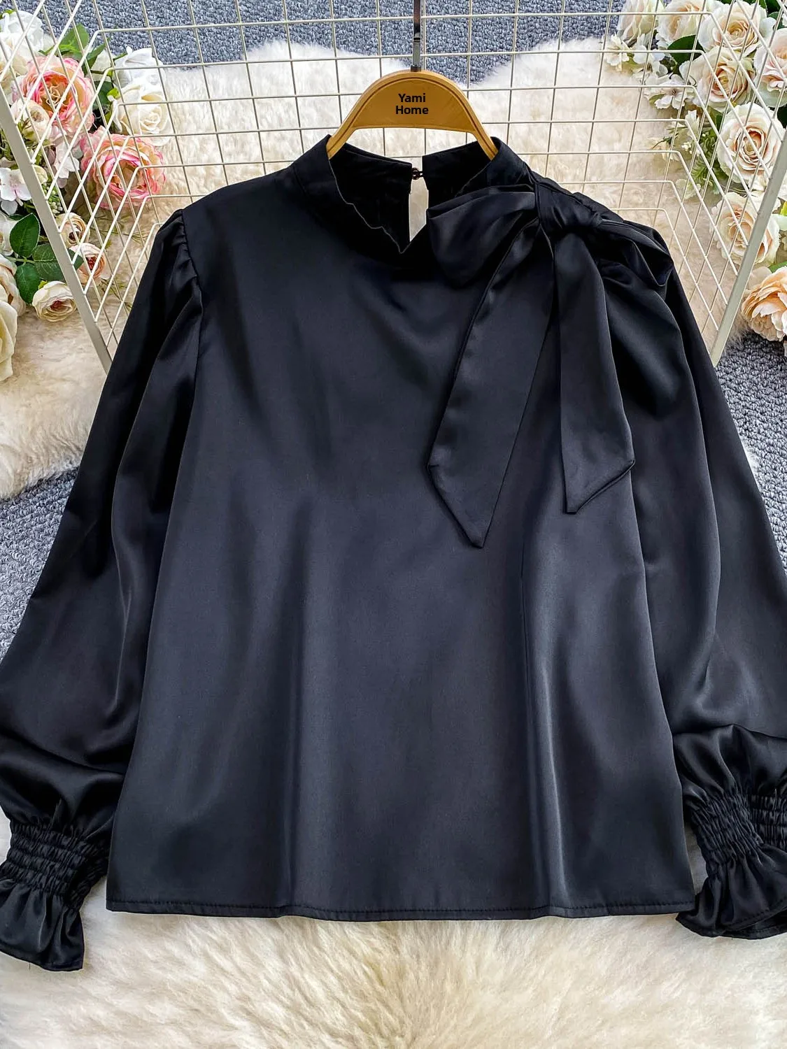 Ele drapeado redondo ne bell sve irt feminino solto cetim de seda anti-rugas primavera outono novo sle faion commute